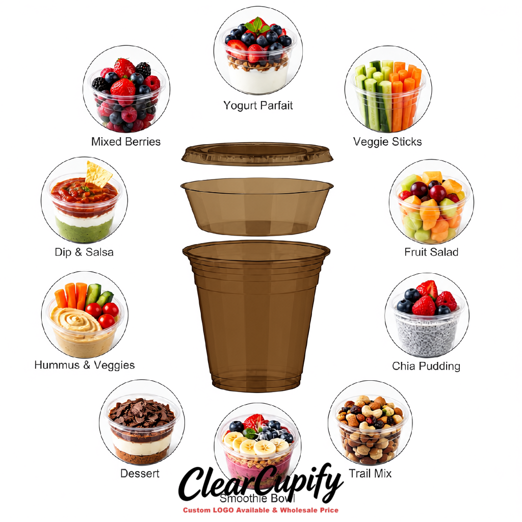 Umber 12 oz Disposable Plastic Parfait Cups with Insert & Flat lids 3.85 x 2.1 x 4 inches