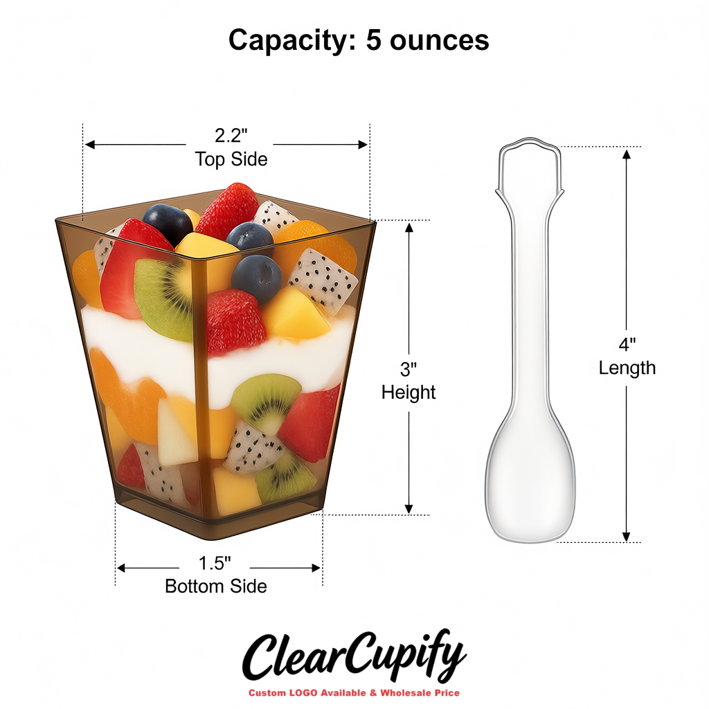 Wholesale Umber 5 oz Square Clear Plastic Dessert Cups with Spoons for Appetizers, Puddings, Mousse, Parfait
