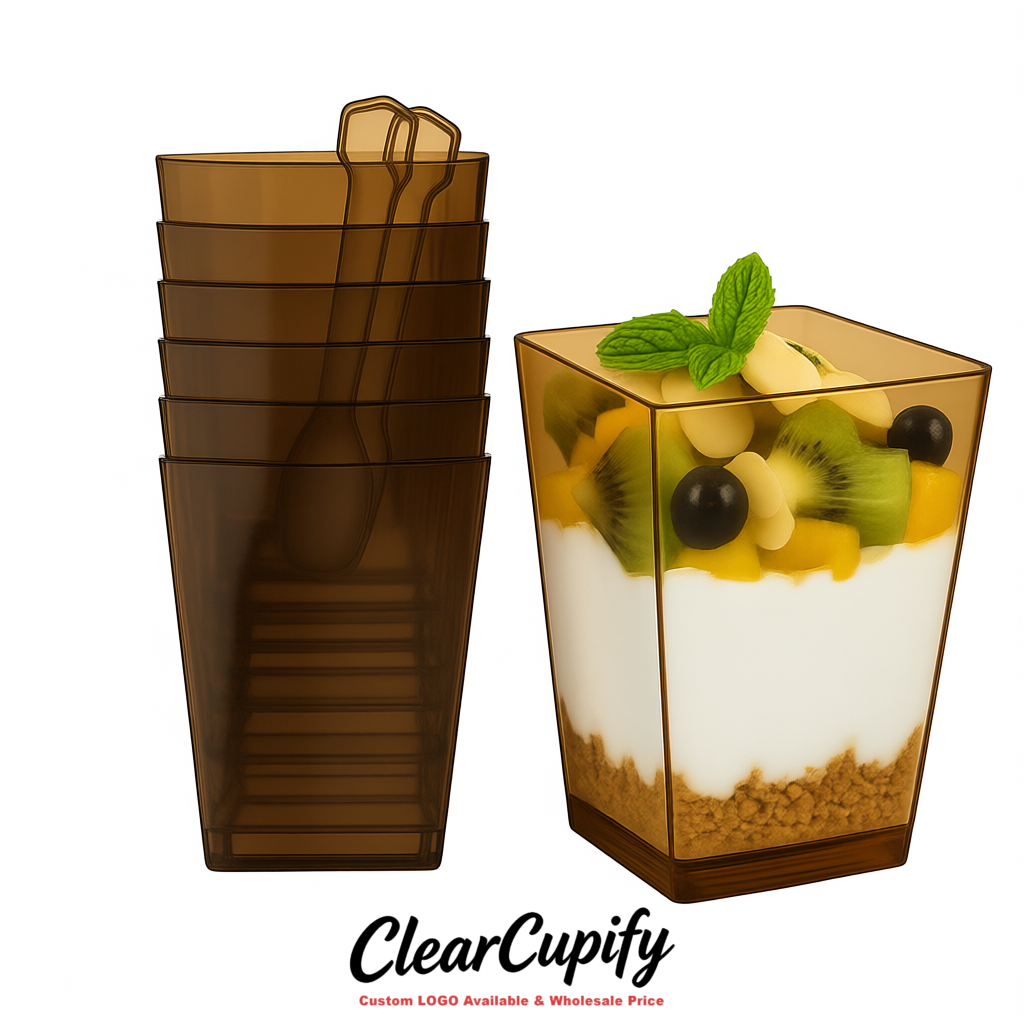 Wholesale Umber 5 oz Square Clear Plastic Dessert Cups with Spoons for Appetizers, Puddings, Mousse, Parfait