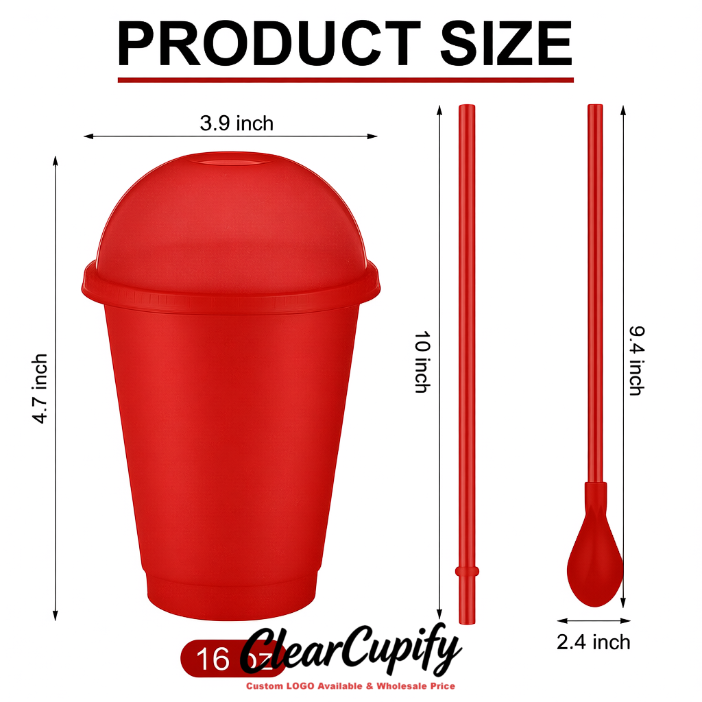 Vermilion 16 oz Plastic Slushie Cups with Dome Lid & Detachable Spoon Straws for Milkshake, Boba, Smoothies, Iced Coffee