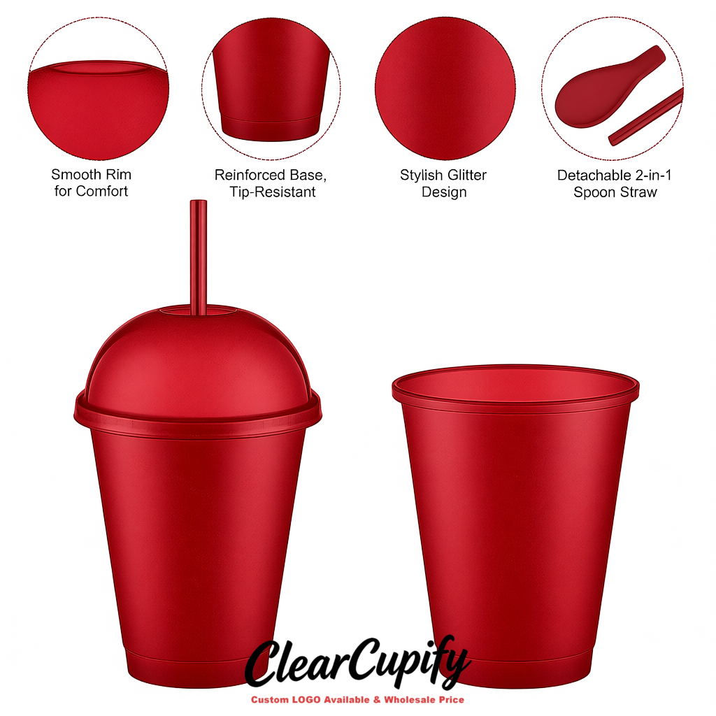 Vermilion 16 oz Plastic Slushie Cups with Dome Lid & Detachable Spoon Straws for Milkshake, Boba, Smoothies, Iced Coffee