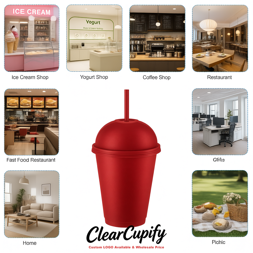 Vermilion 16 oz Plastic Slushie Cups with Dome Lid & Detachable Spoon Straws for Milkshake, Boba, Smoothies, Iced Coffee
