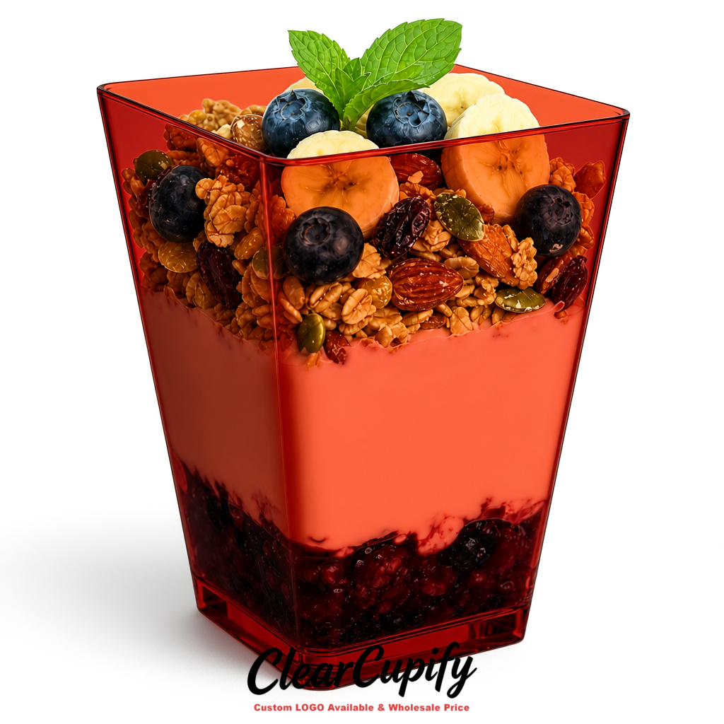 Wholesale Vermilion 5 oz Square Clear Plastic Dessert Cups with Spoons for Appetizers, Puddings, Mousse, Parfait
