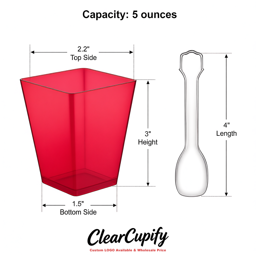 Wholesale Vermilion 5 oz Square Clear Plastic Dessert Cups with Spoons for Appetizers, Puddings, Mousse, Parfait