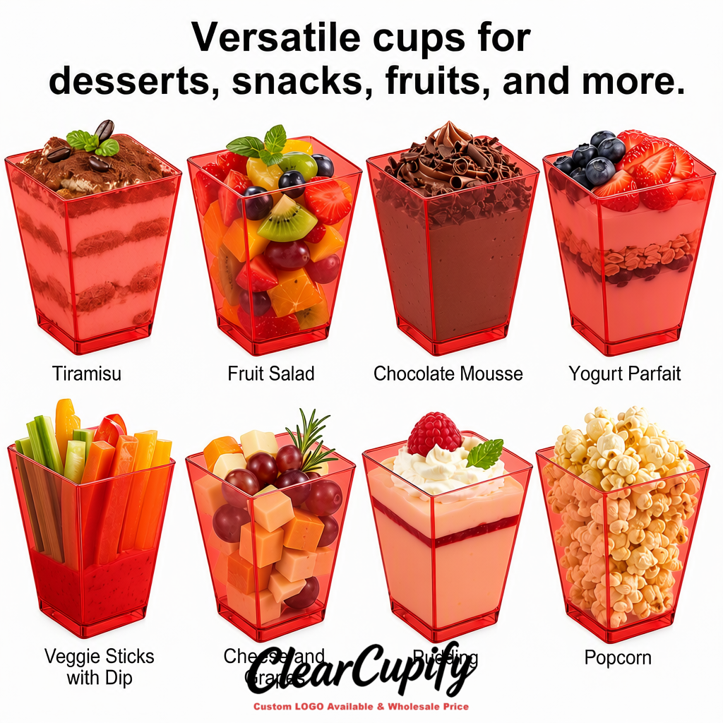 Wholesale Vermilion 5 oz Square Clear Plastic Dessert Cups with Spoons for Appetizers, Puddings, Mousse, Parfait