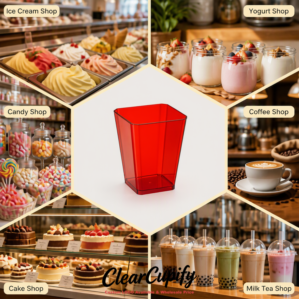 Wholesale Vermilion 5 oz Square Clear Plastic Dessert Cups with Spoons for Appetizers, Puddings, Mousse, Parfait
