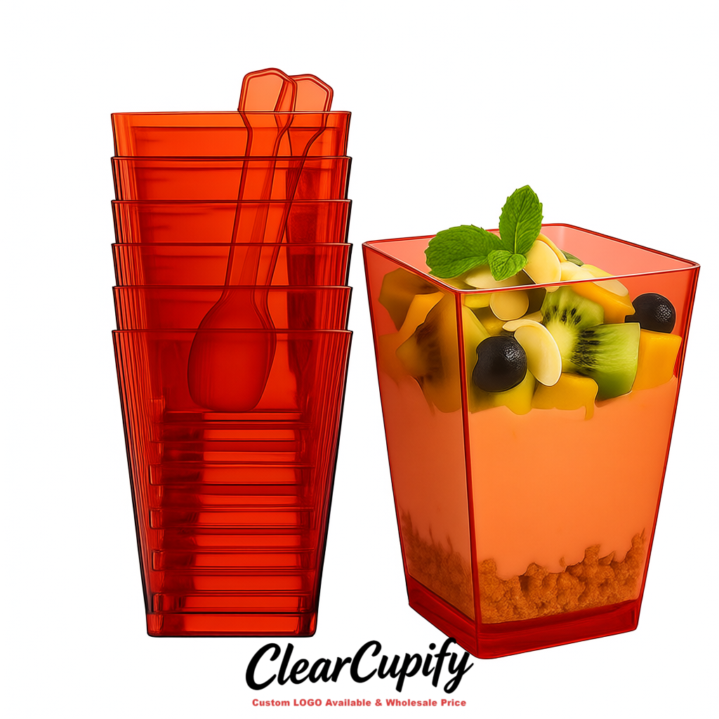 Wholesale Vermilion 5 oz Square Clear Plastic Dessert Cups with Spoons for Appetizers, Puddings, Mousse, Parfait