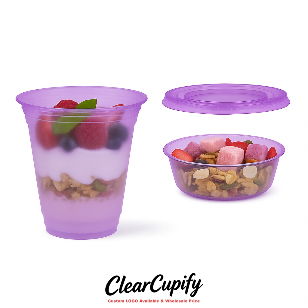 Violet 12 oz Disposable Plastic Parfait Cups with Insert & Flat lids 3.85 x 2.1 x 4 inches