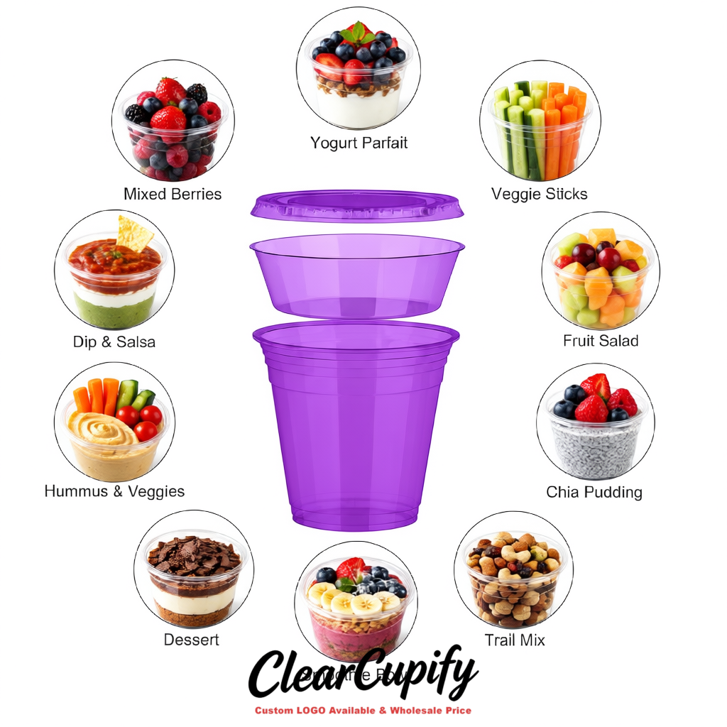 Violet 12 oz Disposable Plastic Parfait Cups with Insert & Flat lids 3.85 x 2.1 x 4 inches