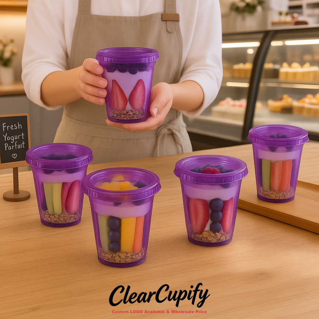 Violet 12 oz Disposable Plastic Parfait Cups with Insert & Flat lids 3.85 x 2.1 x 4 inches
