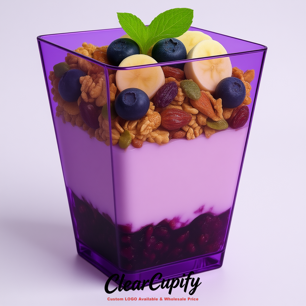Wholesale Violet 5 oz Square Clear Plastic Dessert Cups with Spoons for Appetizers, Puddings, Mousse, Parfait