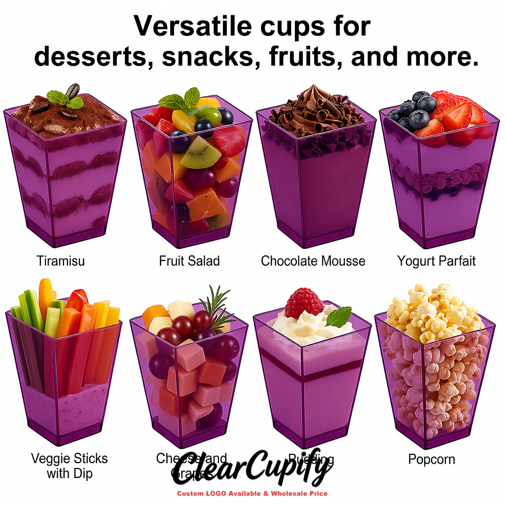 Wholesale Violet 5 oz Square Clear Plastic Dessert Cups with Spoons for Appetizers, Puddings, Mousse, Parfait
