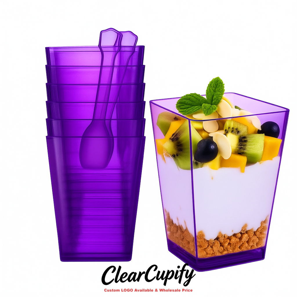 Wholesale Violet 5 oz Square Clear Plastic Dessert Cups with Spoons for Appetizers, Puddings, Mousse, Parfait Wholesale Violet 5 oz Square Clear Plastic Dessert Cups with Spoons for Appetizers, Puddings, Mousse, Parfait