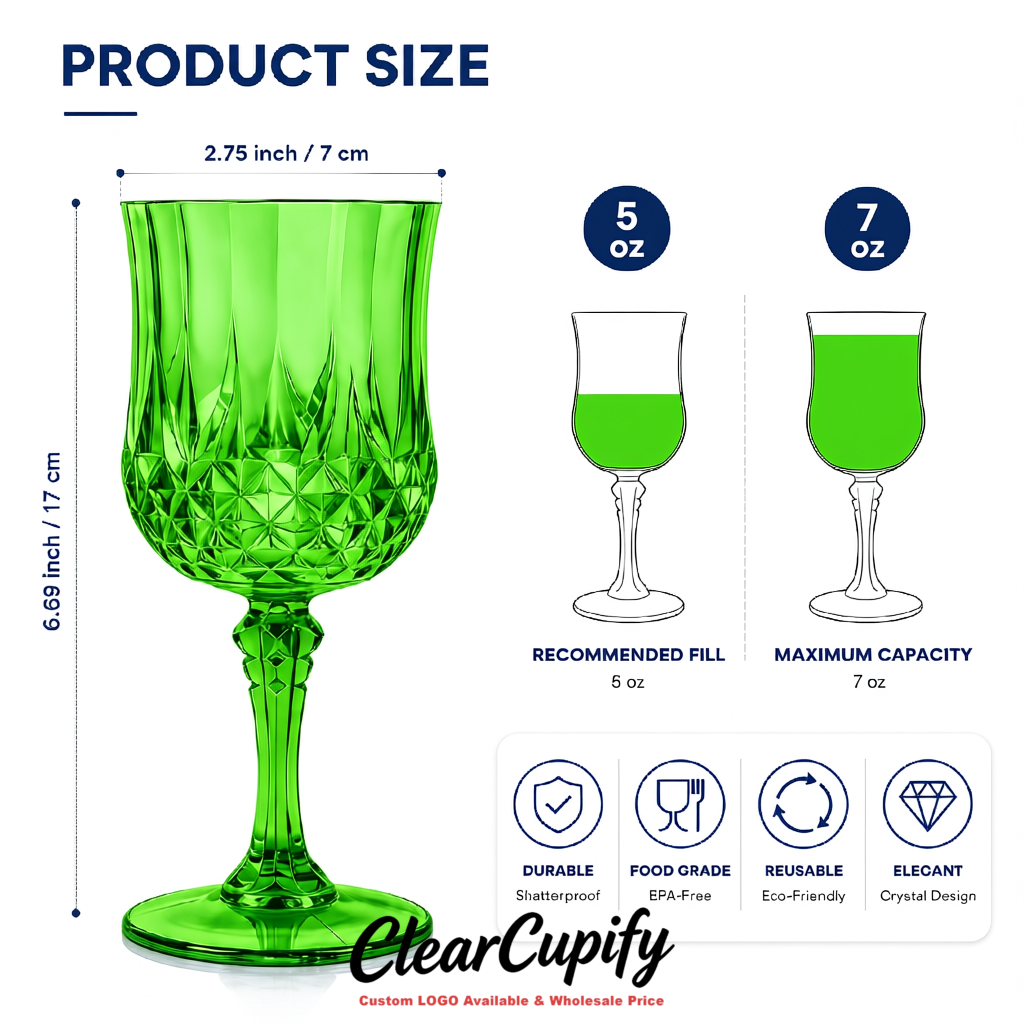 Viridian 7oz Acrylic Plastic Wine Goblets - 2.7 x 6.7 inches Party & Wedding Wine Glasses