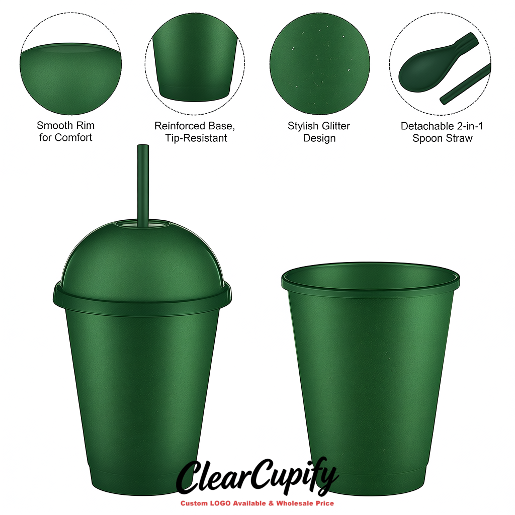 Viridian 16 oz Plastic Slushie Cups with Dome Lid & Detachable Spoon Straws for Milkshake, Boba, Smoothies, Iced Coffee