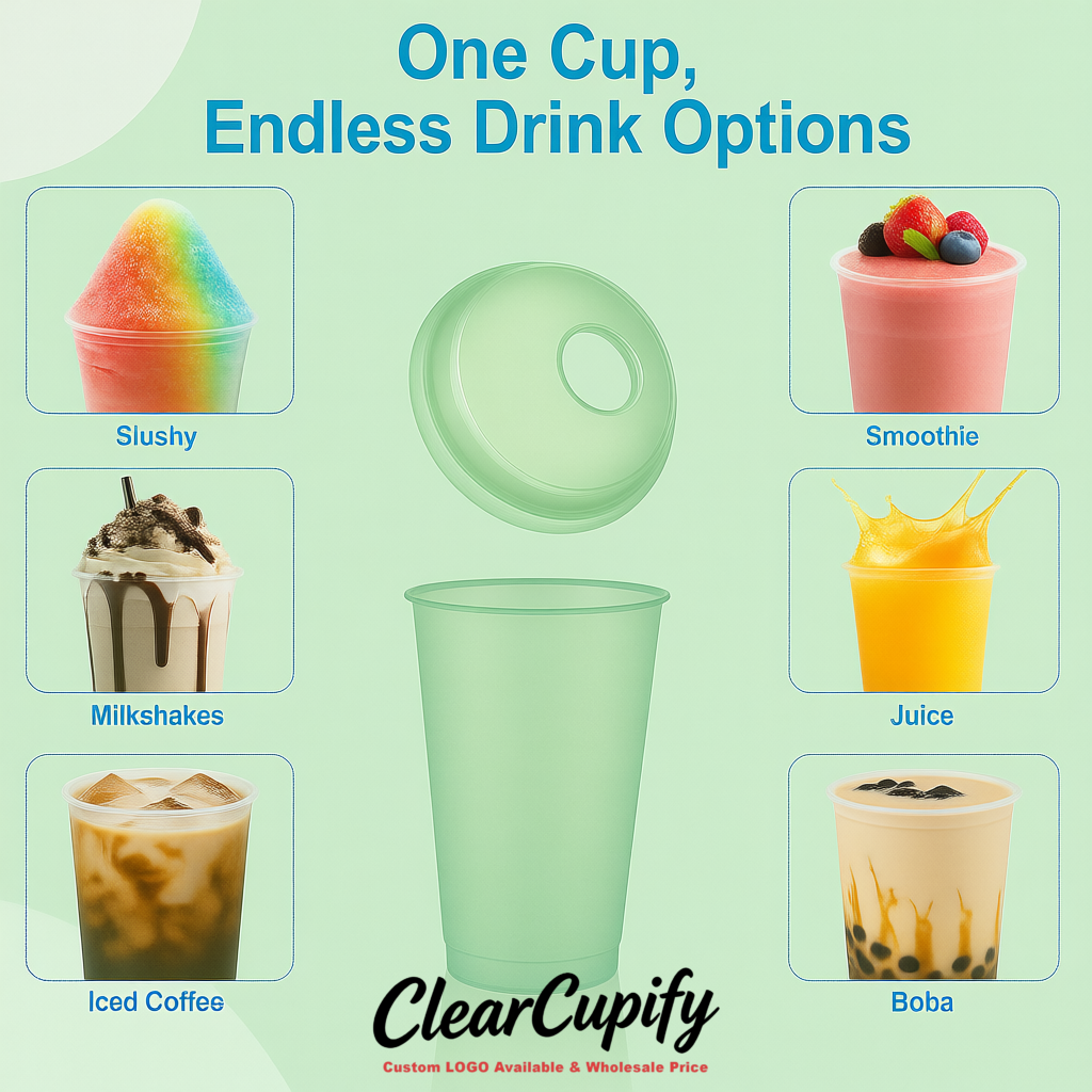 Viridian 16 oz Plastic Slushie Cups with Dome Lid & Detachable Spoon Straws for Milkshake, Boba, Smoothies, Iced Coffee