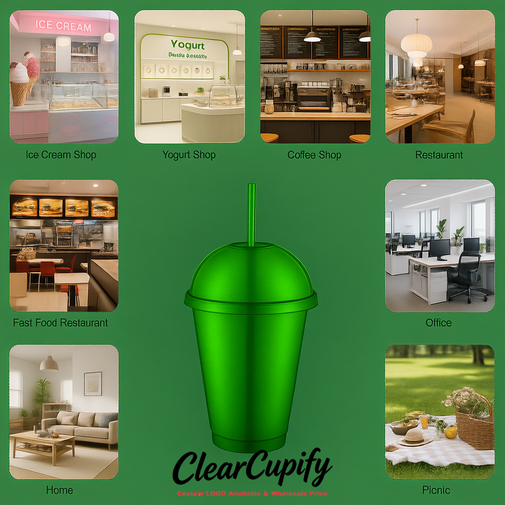 Viridian 16 oz Plastic Slushie Cups with Dome Lid & Detachable Spoon Straws for Milkshake, Boba, Smoothies, Iced Coffee