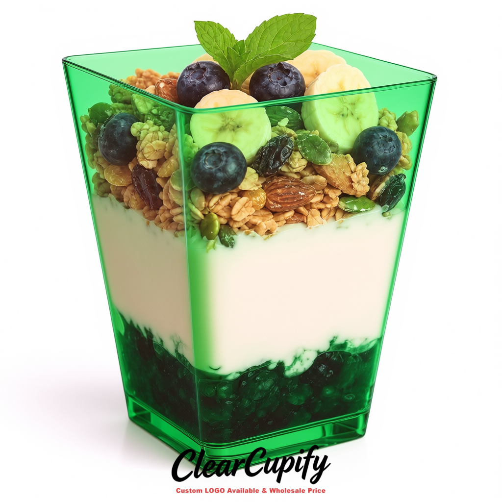 Wholesale Viridian 5 oz Square Clear Plastic Dessert Cups with Spoons for Appetizers, Puddings, Mousse, Parfait