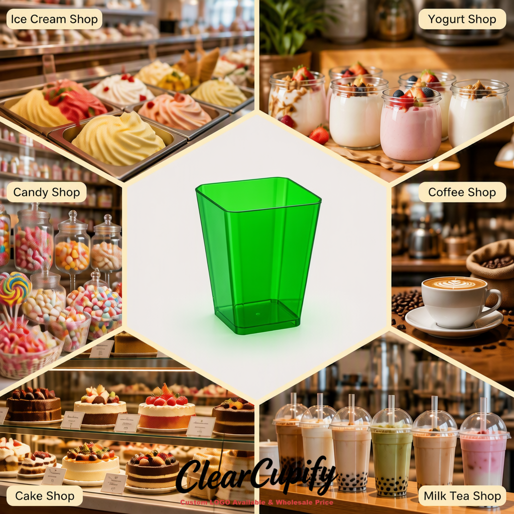 Wholesale Viridian 5 oz Square Clear Plastic Dessert Cups with Spoons for Appetizers, Puddings, Mousse, Parfait
