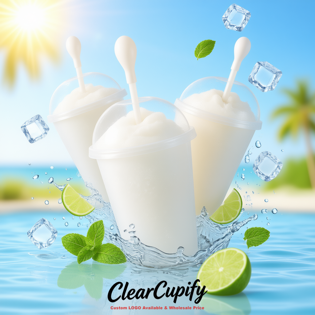 White 16 oz Plastic Slushie Cups with Dome Lid & Detachable Spoon Straws for Milkshake, Boba, Smoothies, Iced Coffee