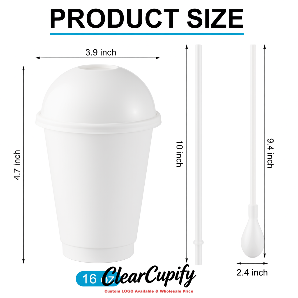 White 16 oz Plastic Slushie Cups with Dome Lid & Detachable Spoon Straws for Milkshake, Boba, Smoothies, Iced Coffee