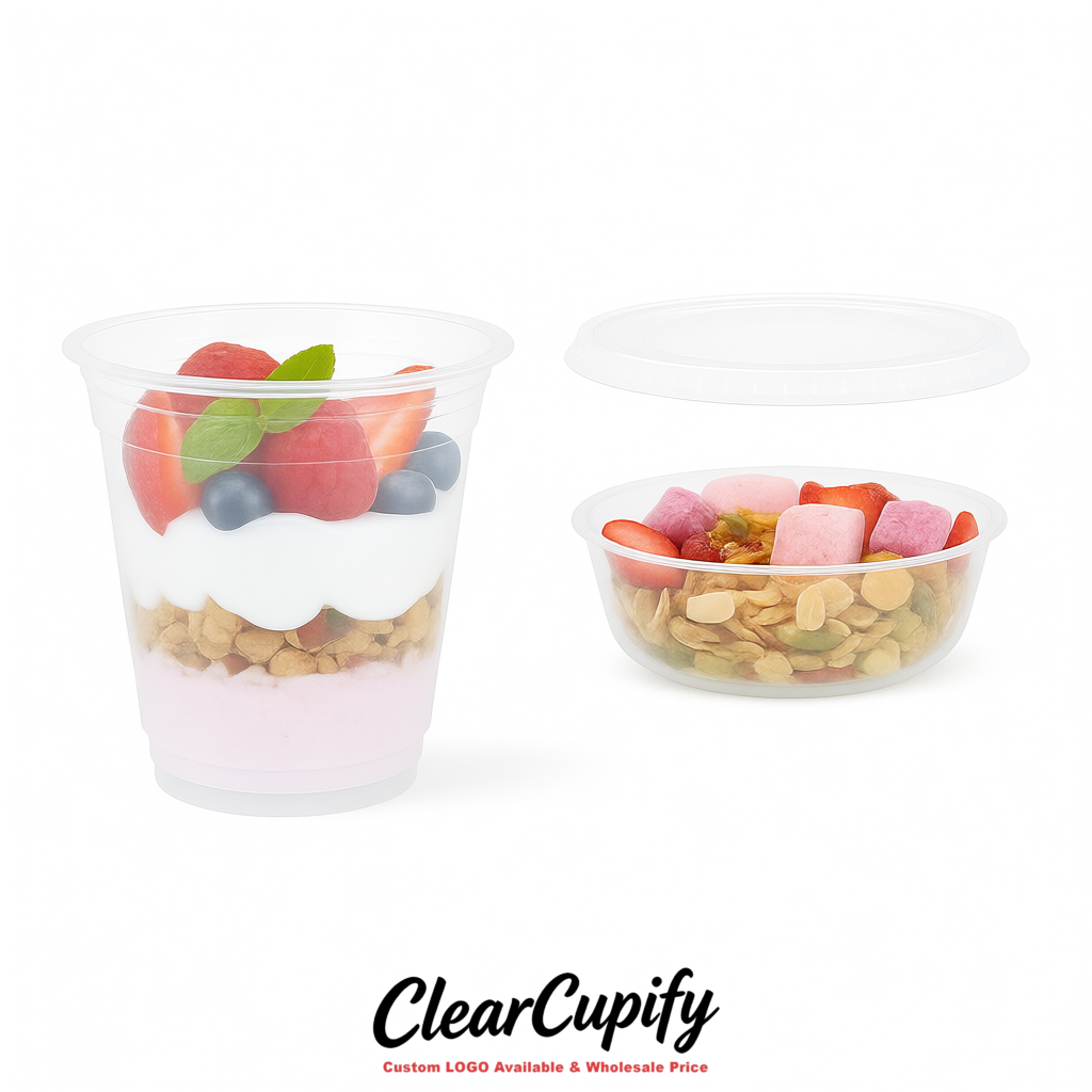 White 12 oz Disposable Plastic Parfait Cups with Insert & Flat lids 3.85 x 2.1 x 4 inches