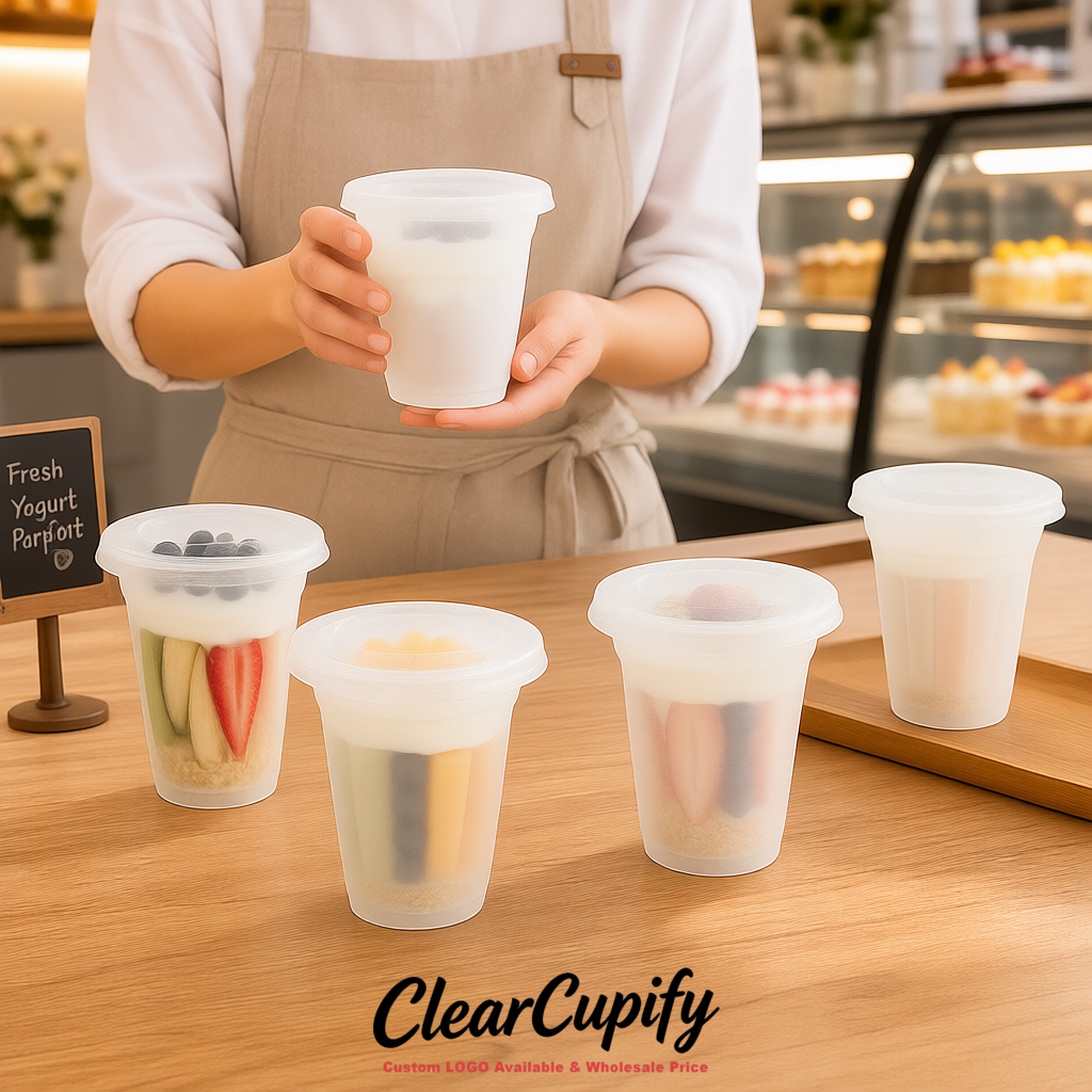 White 12 oz Disposable Plastic Parfait Cups with Insert & Flat lids 3.85 x 2.1 x 4 inches