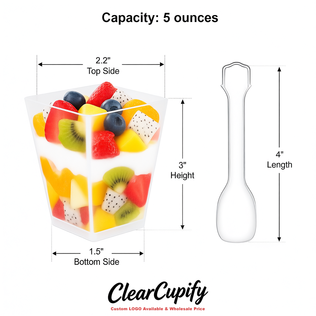 Wholesale White 5 oz Square Clear Plastic Dessert Cups with Spoons for Appetizers, Puddings, Mousse, Parfait
