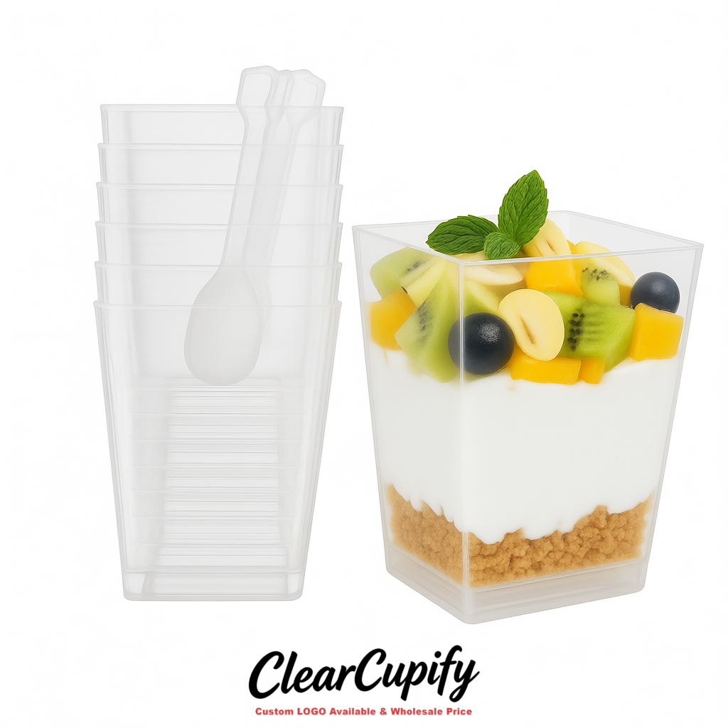 Wholesale White 5 oz Square Clear Plastic Dessert Cups with Spoons for Appetizers, Puddings, Mousse, Parfait