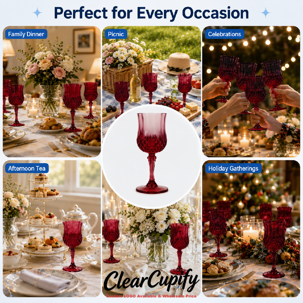 Wine Red 7oz Acrylic Plastic Wine Goblets - 2.7 x 6.7 inches Party & Wedding Wine Glasses