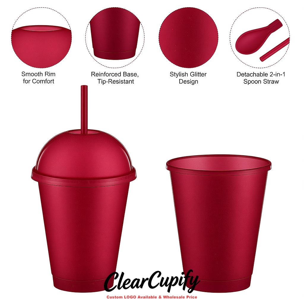 Wine Red 16 oz Plastic Slushie Cups with Dome Lid & Detachable Spoon Straws for Milkshake, Boba, Smoothies, Iced Coffee