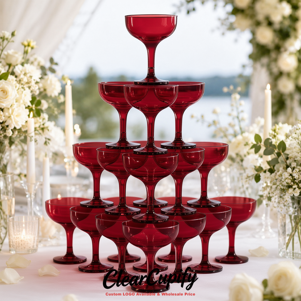 Wine Red 5oz Stackable Plastic Martini Glasses 4.13x3.14 inches/10.5x8 cm For Champagne Tower