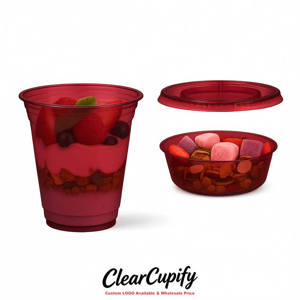 Wine Red 12 oz Disposable Plastic Parfait Cups with Insert & Flat lids 3.85 x 2.1 x 4 inches