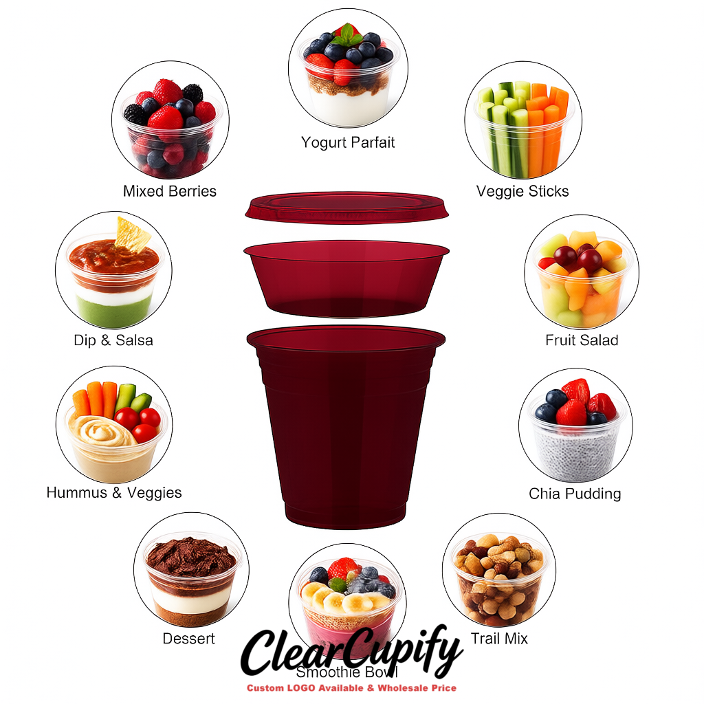 Wine Red 12 oz Disposable Plastic Parfait Cups with Insert & Flat lids 3.85 x 2.1 x 4 inches