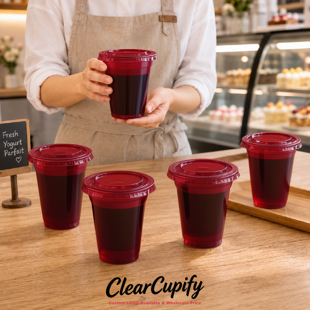 Wine Red 12 oz Disposable Plastic Parfait Cups with Insert & Flat lids 3.85 x 2.1 x 4 inches