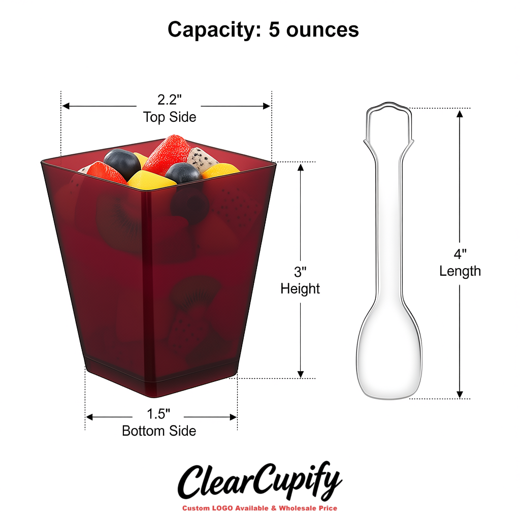 Wholesale Wine Red 5 oz Square Clear Plastic Dessert Cups with Spoons for Appetizers, Puddings, Mousse, Parfait