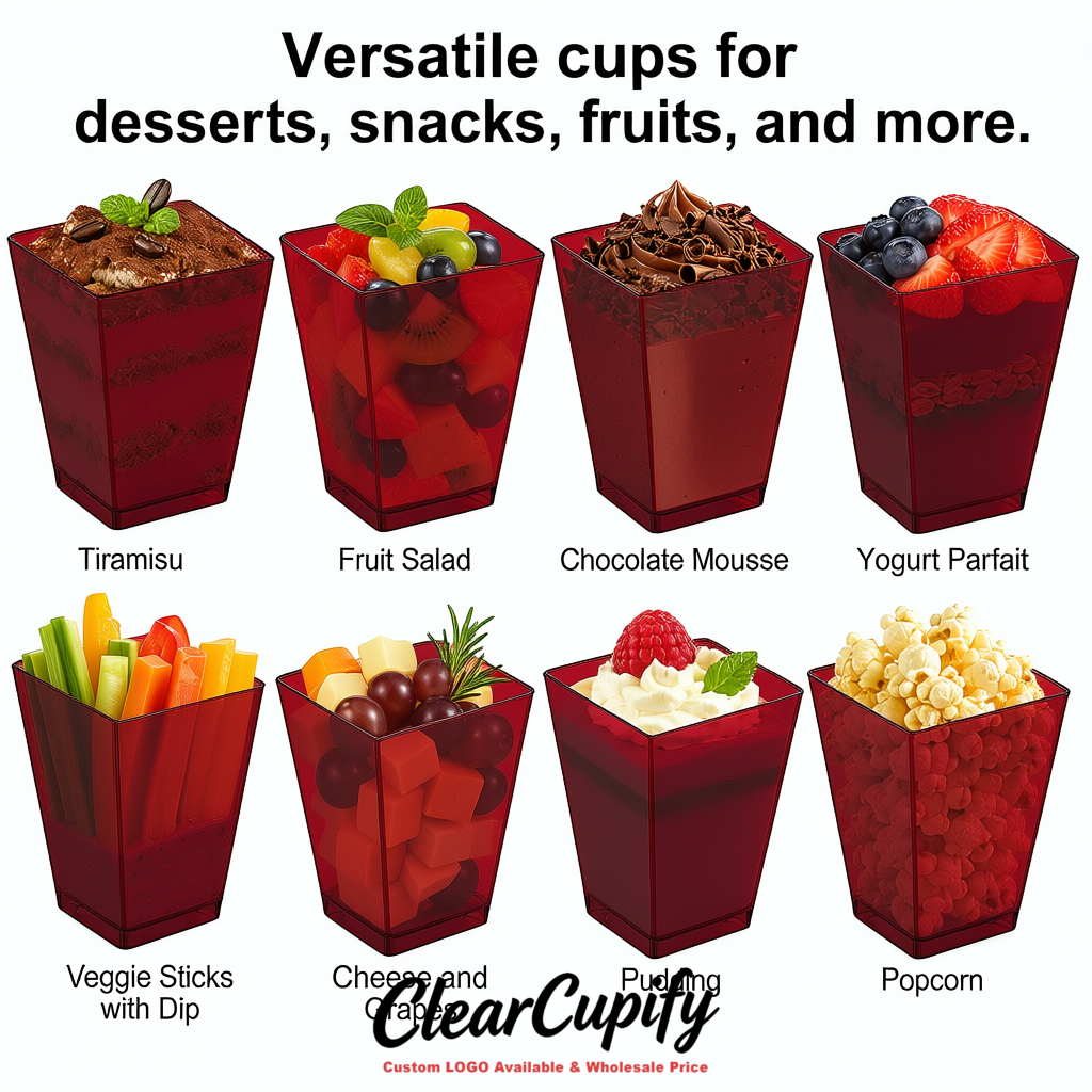 Wholesale Wine Red 5 oz Square Clear Plastic Dessert Cups with Spoons for Appetizers, Puddings, Mousse, Parfait