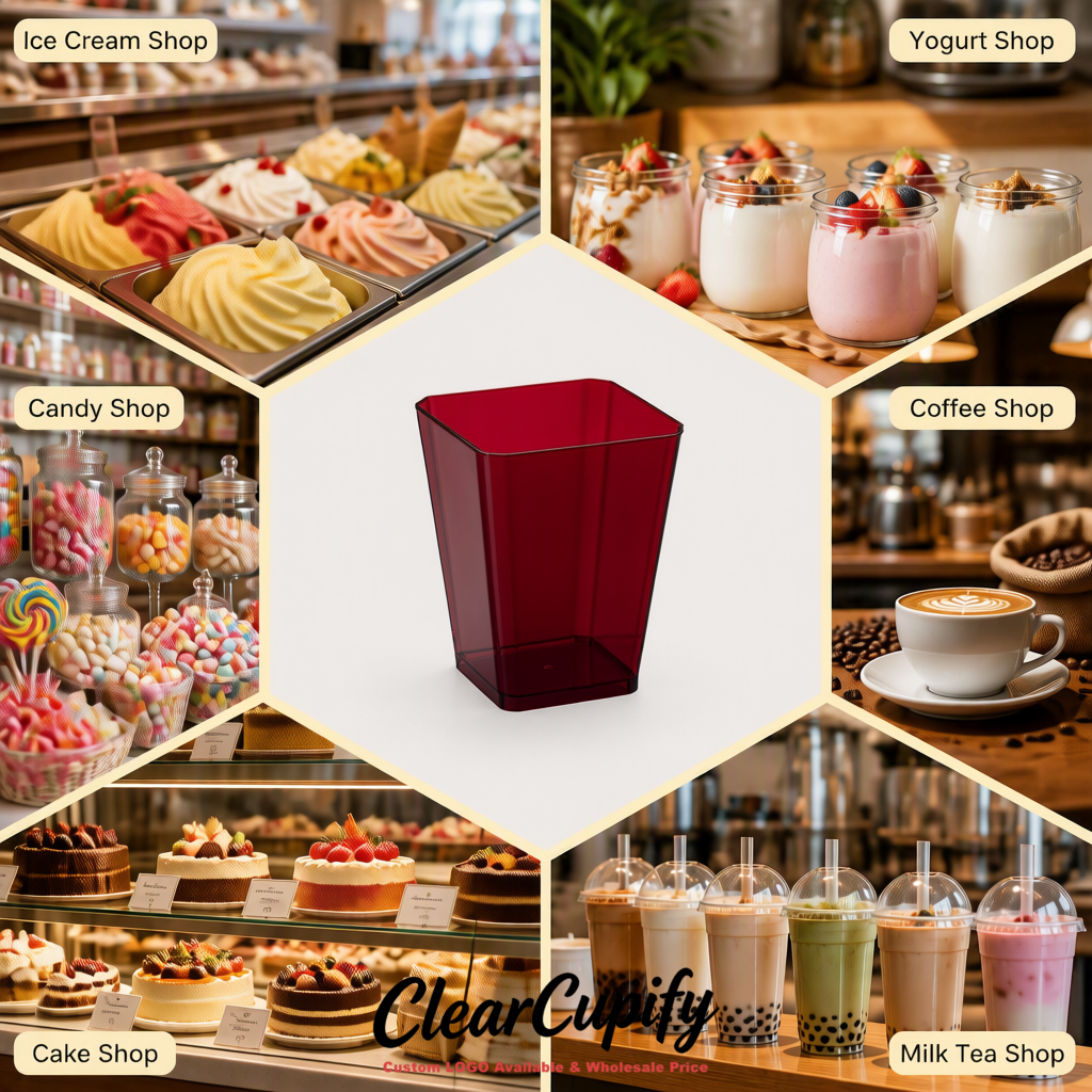 Wholesale Wine Red 5 oz Square Clear Plastic Dessert Cups with Spoons for Appetizers, Puddings, Mousse, Parfait