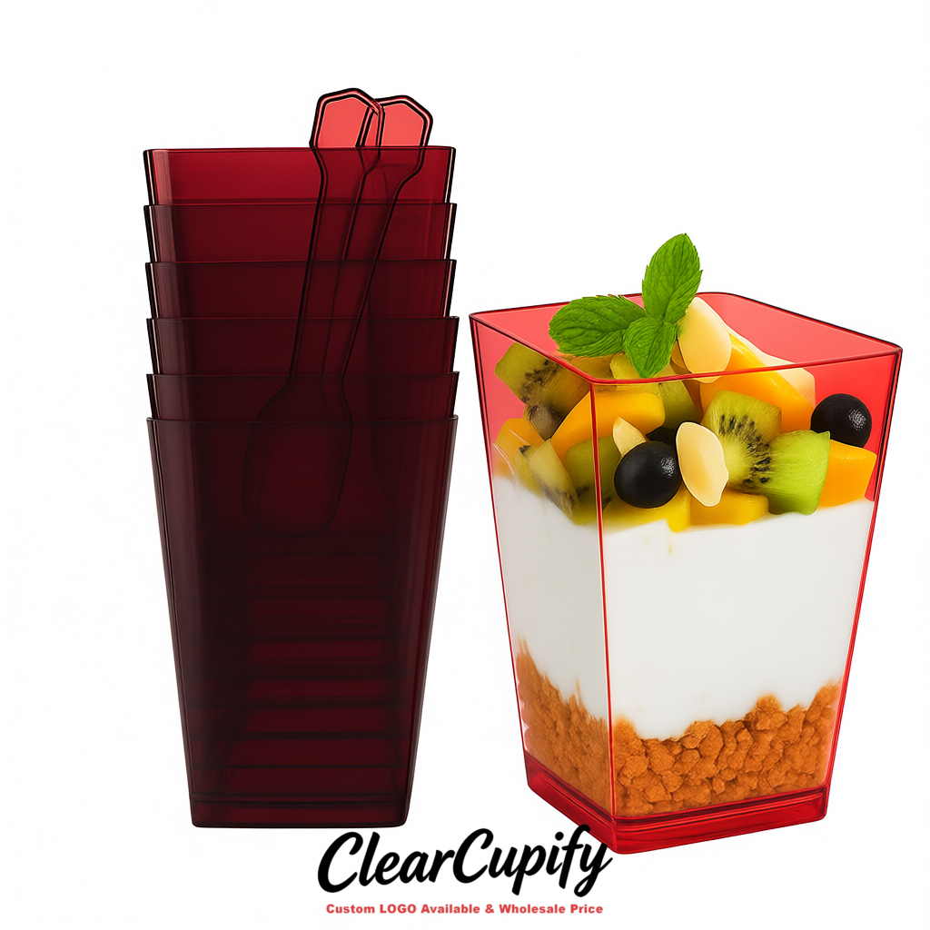 Wholesale Wine Red 5 oz Square Clear Plastic Dessert Cups with Spoons for Appetizers, Puddings, Mousse, Parfait Wholesale Wine Red 5 oz Square Clear Plastic Dessert Cups with Spoons for Appetizers, Puddings, Mousse, Parfait
