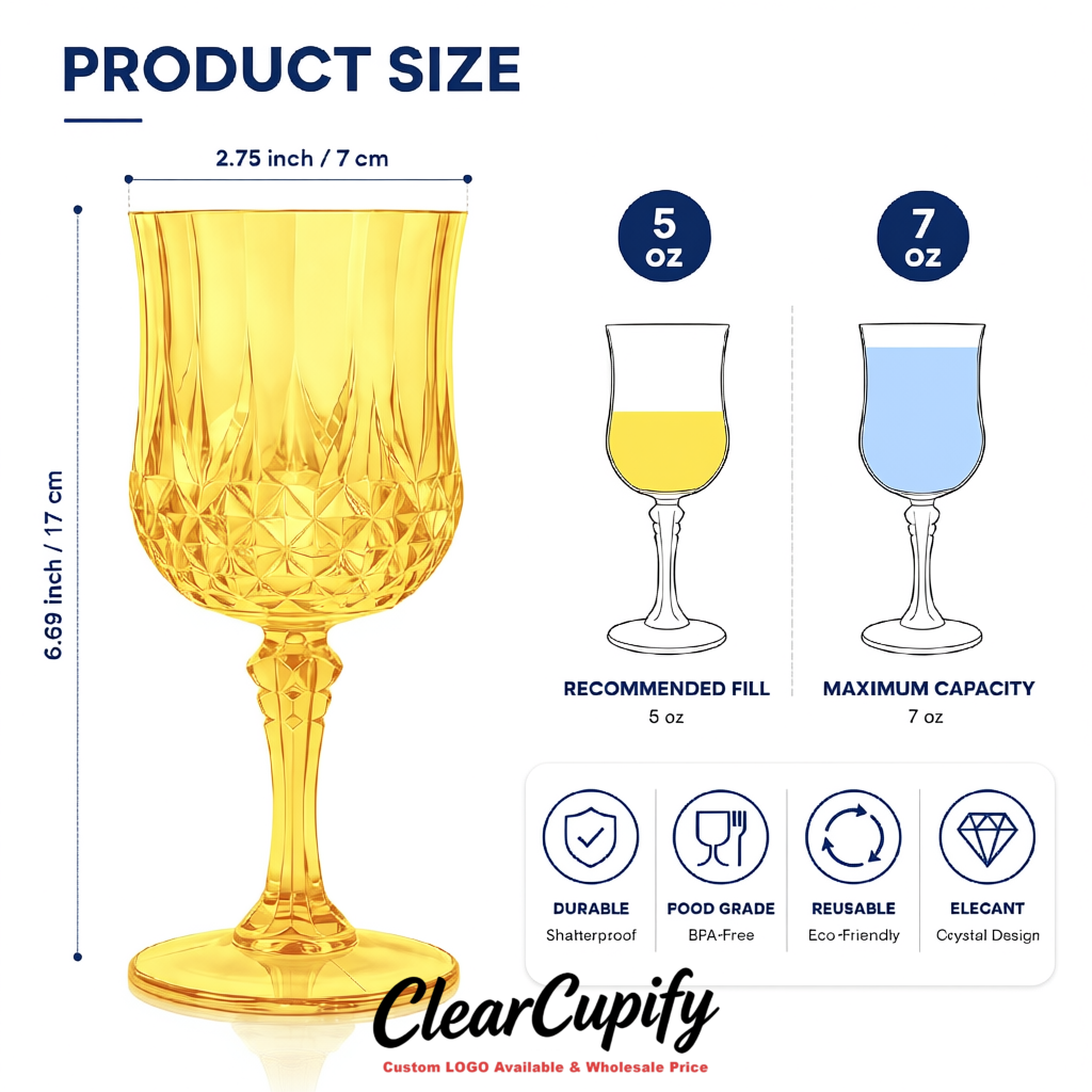 Yellow 7oz Acrylic Plastic Wine Goblets - 2.7 x 6.7 inches Party & Wedding Wine Glasses Yellow 7oz Acrylic Plastic Wine Goblets - 2.7 x 6.7 inches Party & Wedding Wine Glasses