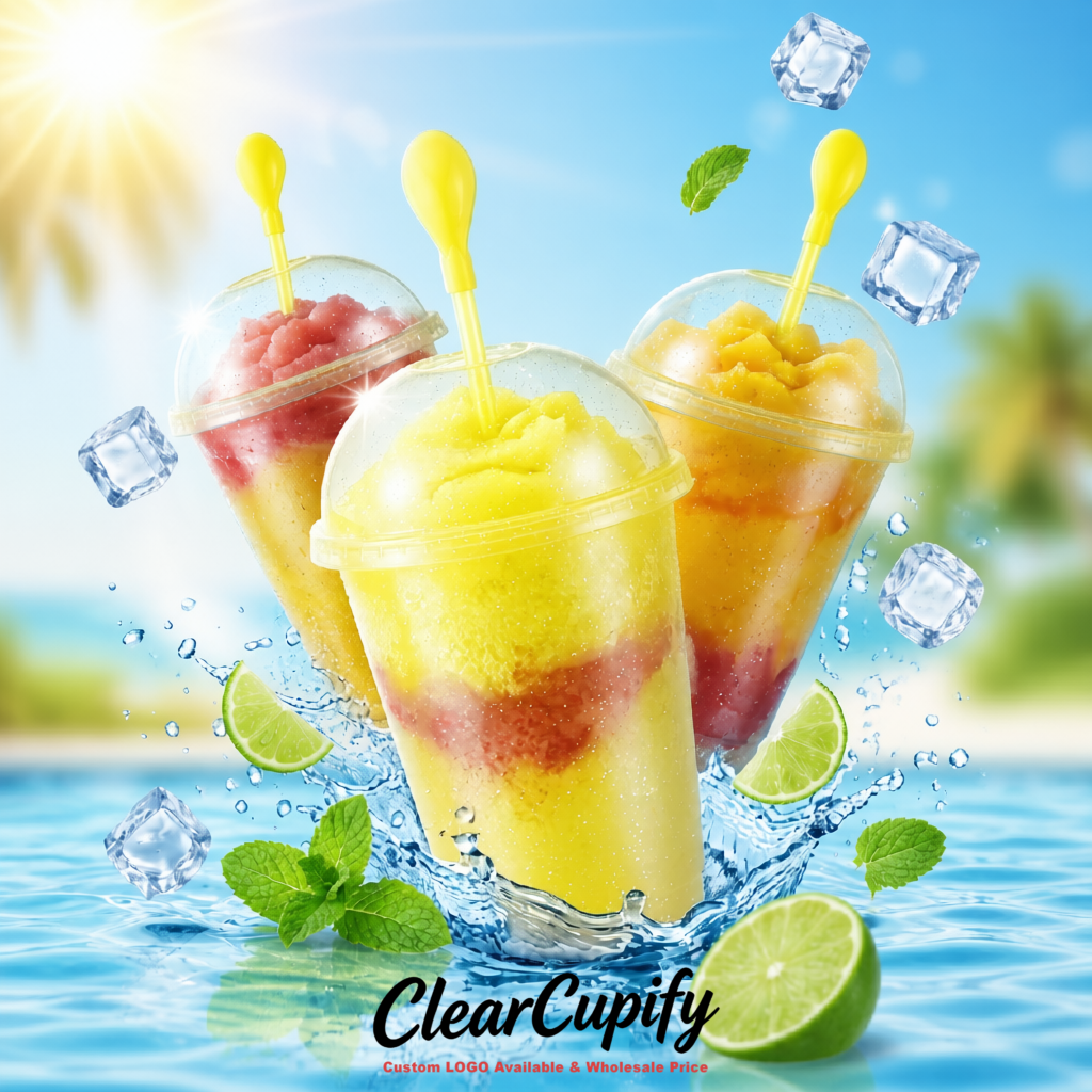 Yellow 16 oz Plastic Slushie Cups with Dome Lid & Detachable Spoon Straws for Milkshake, Boba, Smoothies, Iced Coffee
