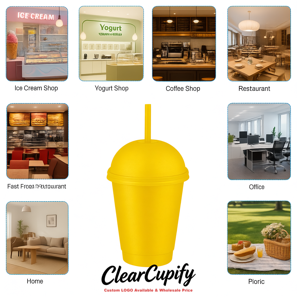 Yellow 16 oz Plastic Slushie Cups with Dome Lid & Detachable Spoon Straws for Milkshake, Boba, Smoothies, Iced Coffee
