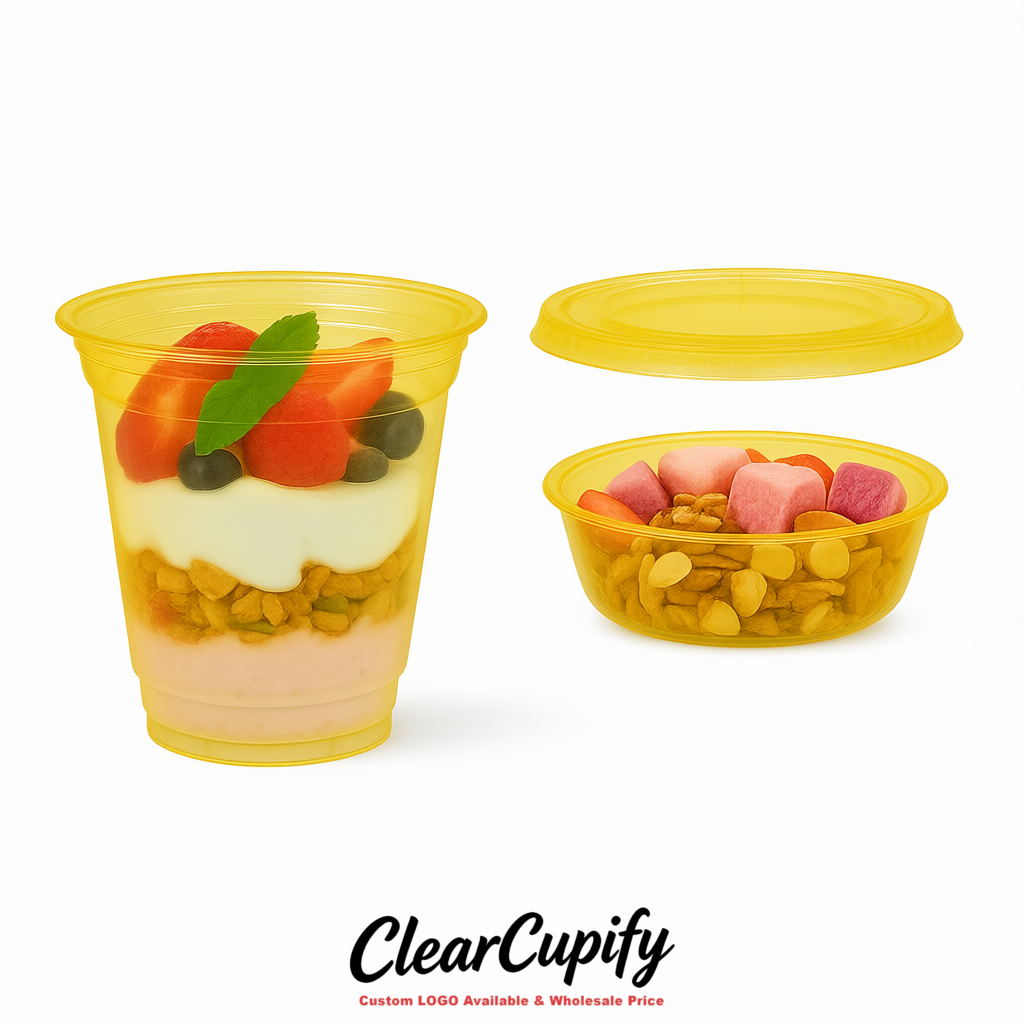 Yellow 12 oz Disposable Plastic Parfait Cups with Insert & Flat lids 3.85 x 2.1 x 4 inches
