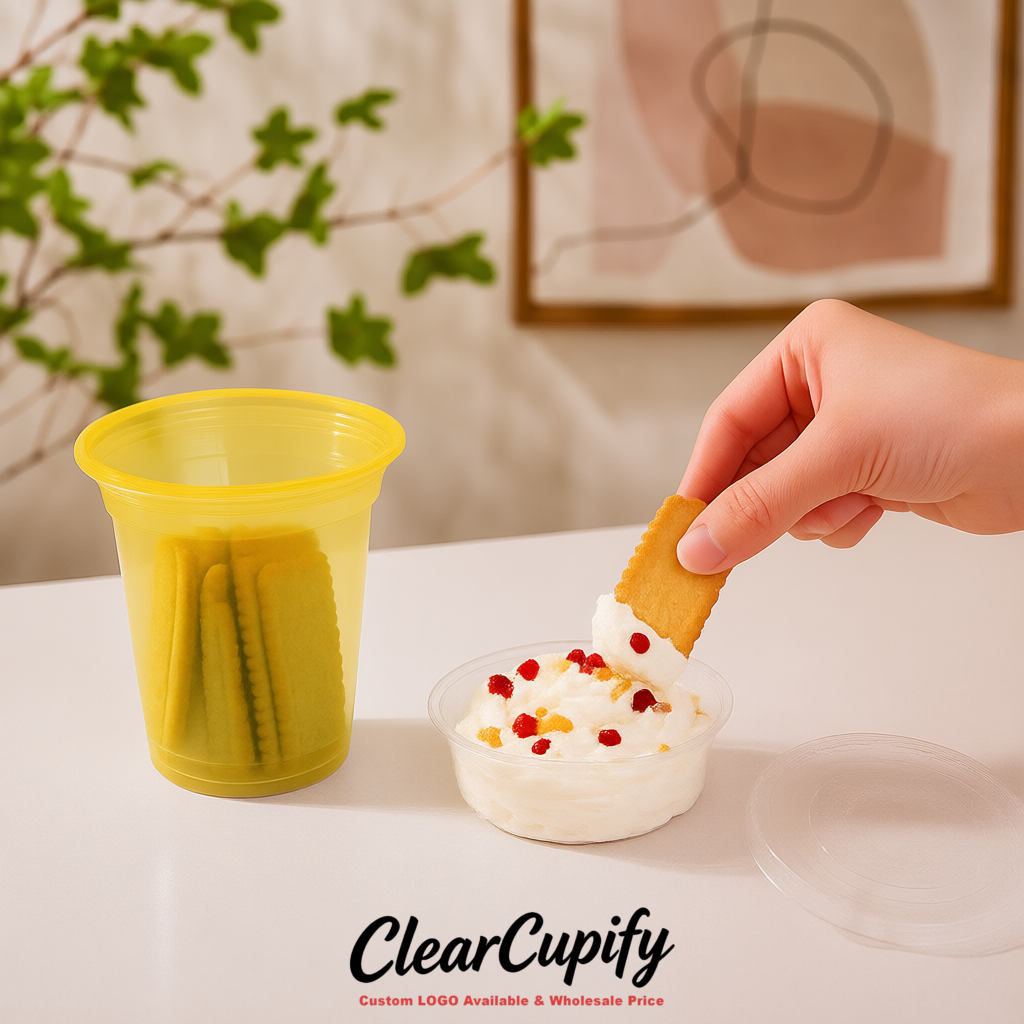 Yellow 12 oz Disposable Plastic Parfait Cups with Insert & Flat lids 3.85 x 2.1 x 4 inches