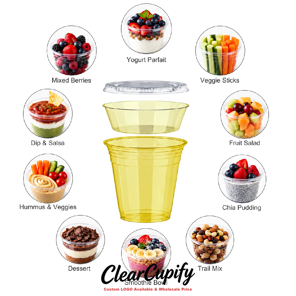Yellow 12 oz Disposable Plastic Parfait Cups with Insert & Flat lids 3.85 x 2.1 x 4 inches