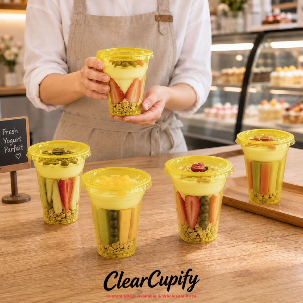 Yellow 12 oz Disposable Plastic Parfait Cups with Insert & Flat lids 3.85 x 2.1 x 4 inches