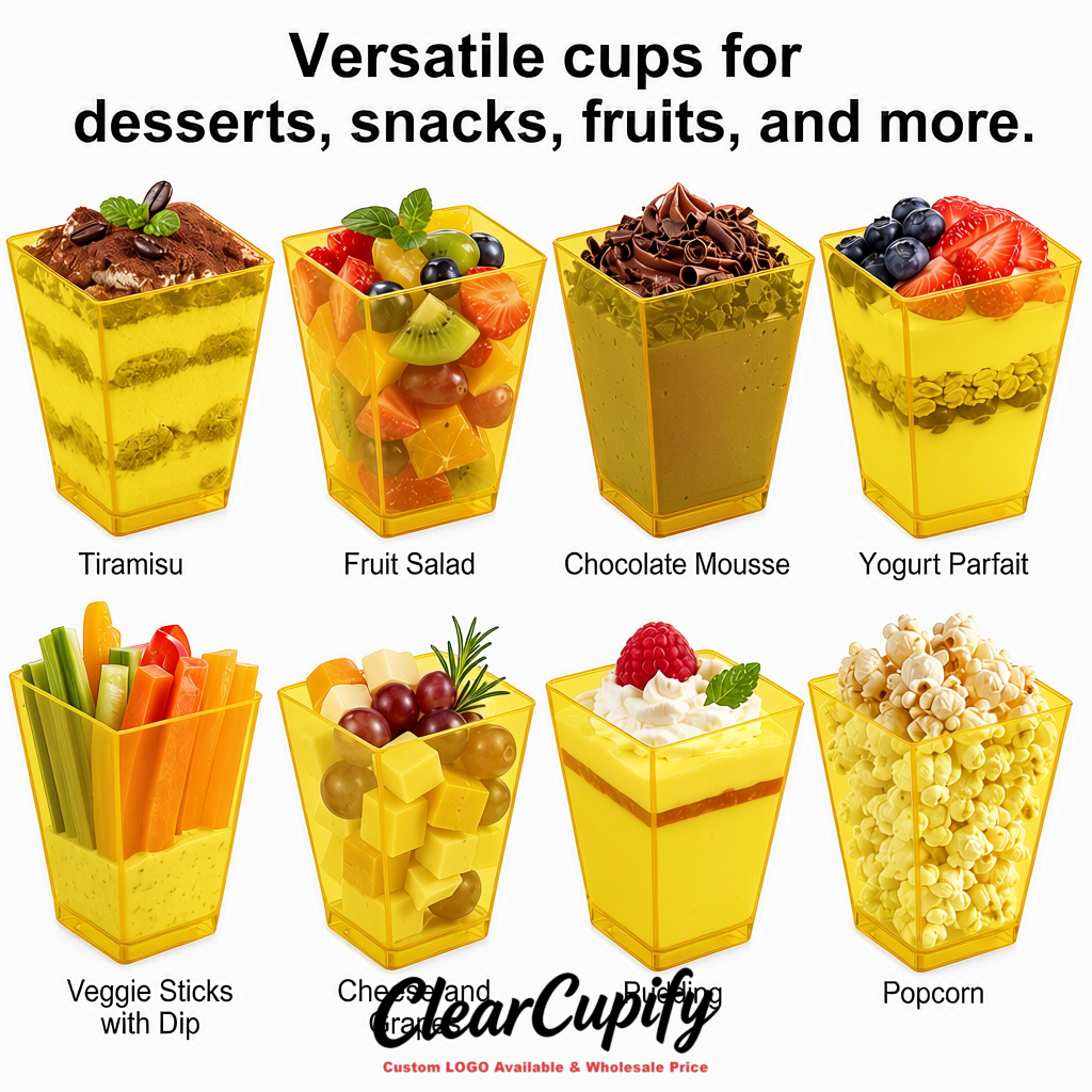 Wholesale Yellow 5 oz Square Clear Plastic Dessert Cups with Spoons for Appetizers, Puddings, Mousse, Parfait