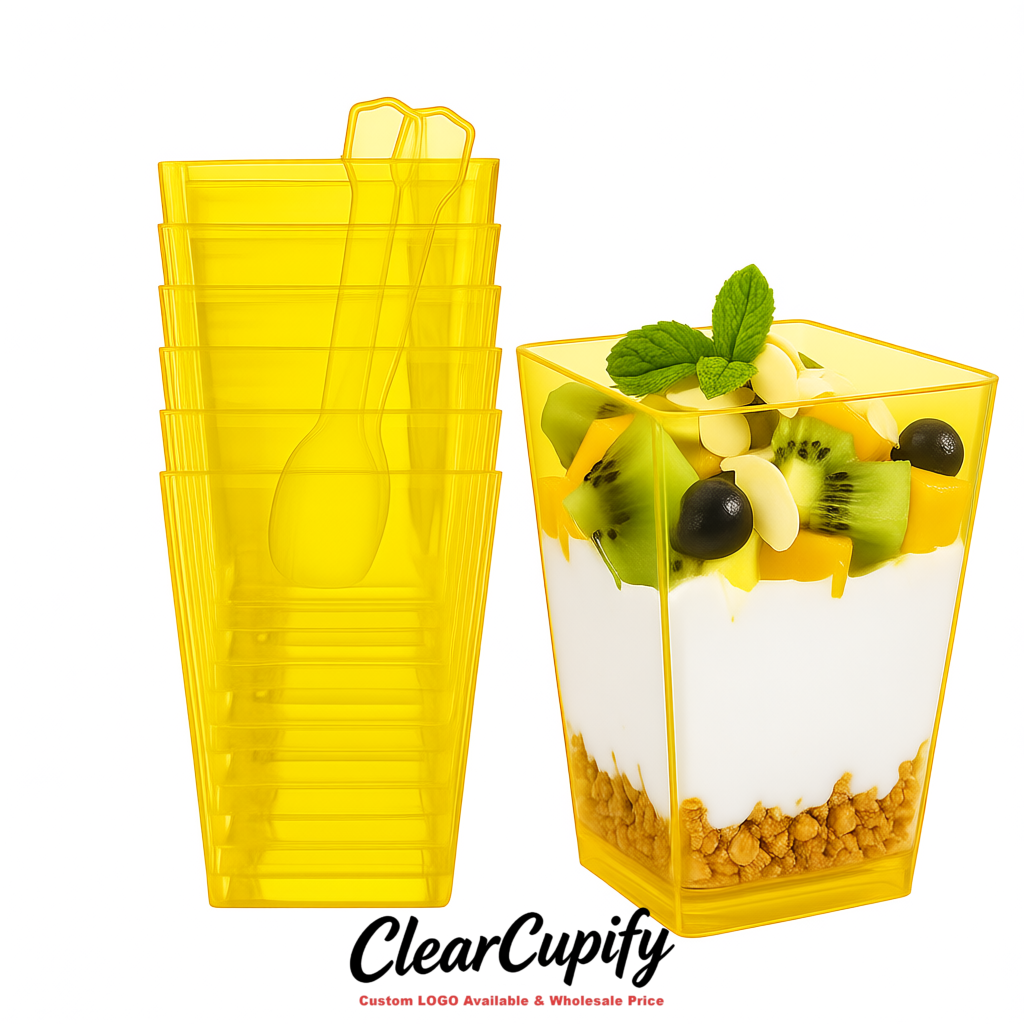 Wholesale Yellow 5 oz Square Clear Plastic Dessert Cups with Spoons for Appetizers, Puddings, Mousse, Parfait