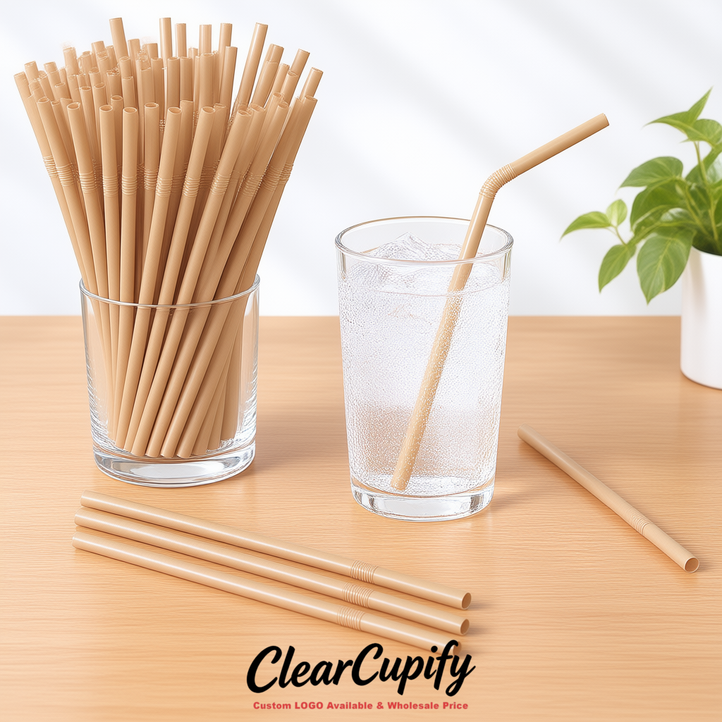 Beige Plastic Straws 8.26 x 0.2 inch Flexible Bendy Disposable Drinking Straws Supplier