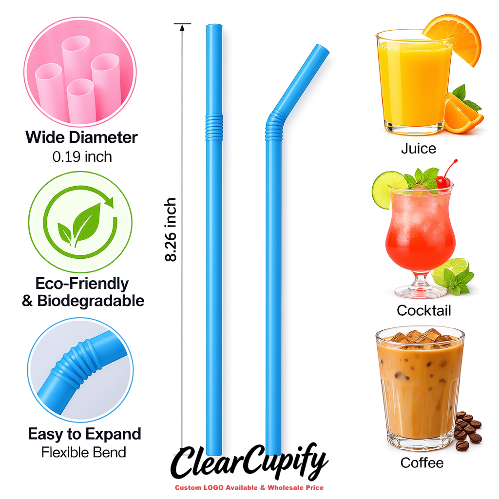 Blue Plastic Straws 8.26 x 0.2 inch Flexible Bendy Disposable Drinking Straws Supplier